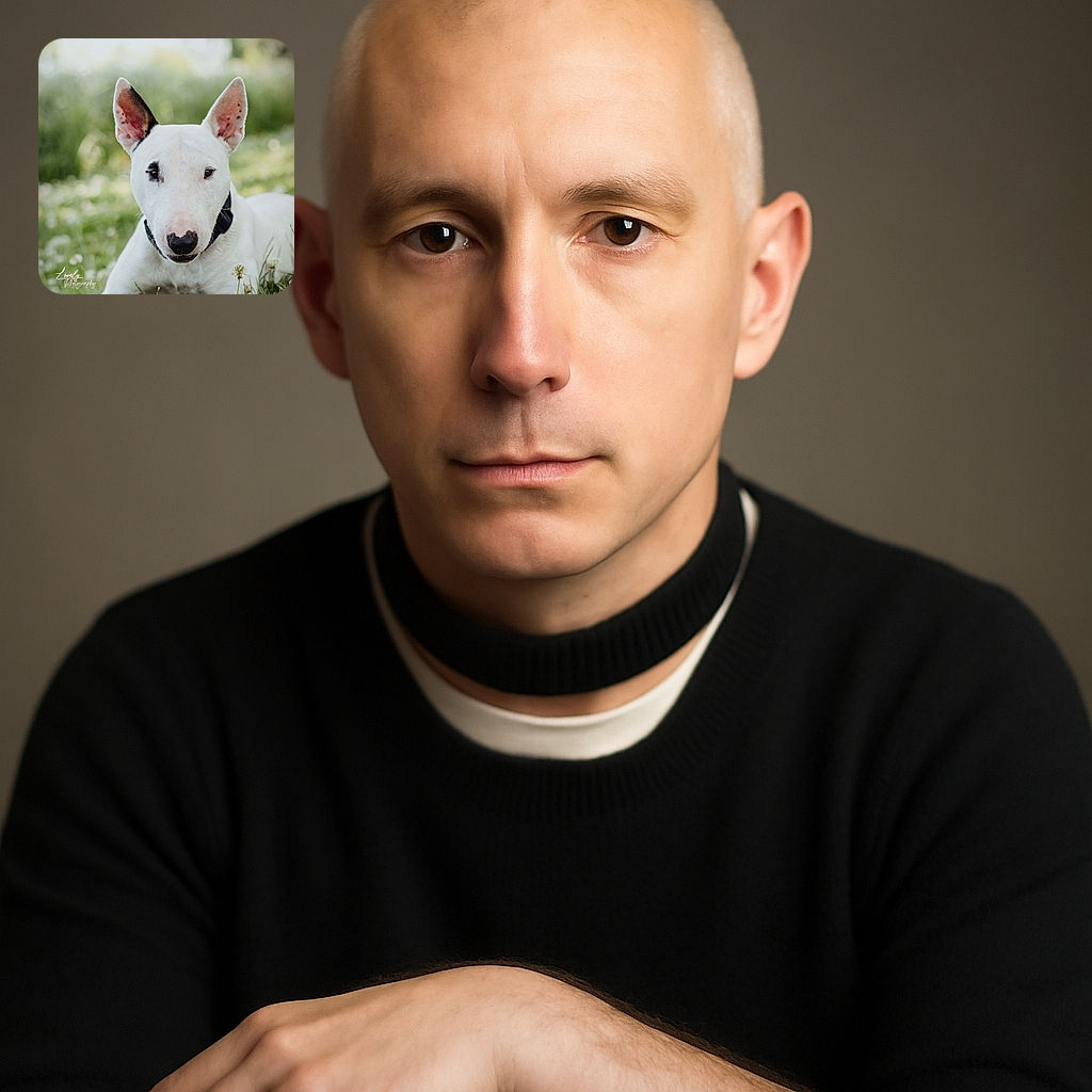 A charming white Bull Terrier with a distinctive black patch on its ear lounges in a field of clover flowers, its calm eyes staring directly into the camera, capturing a serene moment in nature with soft, natural lighting and a blurred green background.