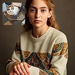 A curious cat comfortably curled up in a colorful small box on a table with a woven placemat underneath, surrounded by everyday objects including a chair and some containers. The cat's wide eyes and relaxed posture make it look like the box is its royal throne.