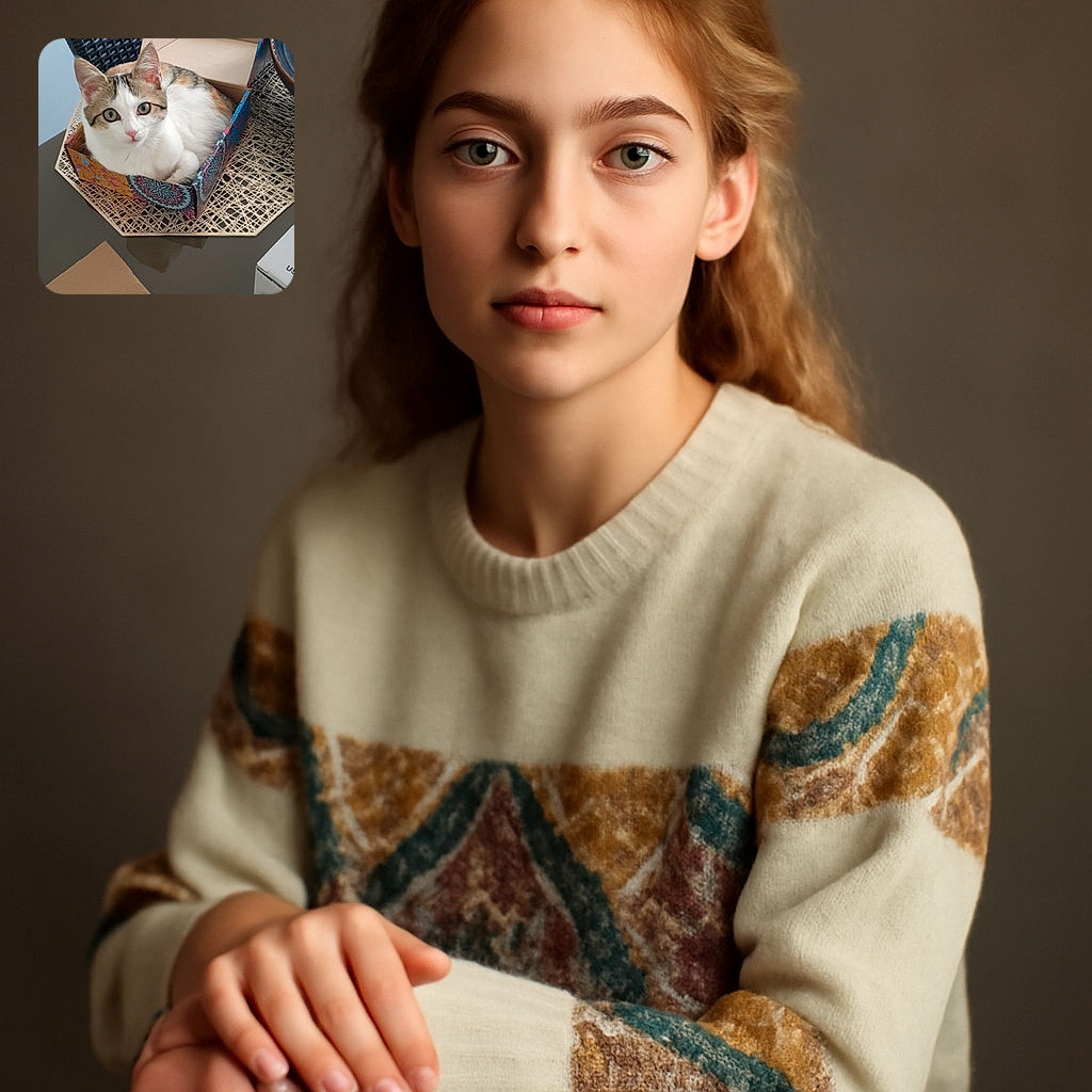 A curious cat comfortably curled up in a colorful small box on a table with a woven placemat underneath, surrounded by everyday objects including a chair and some containers. The cat's wide eyes and relaxed posture make it look like the box is its royal throne.