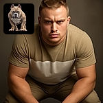 A muscular bulldog stands proudly in the center, its serious expression and strong stance highlighted by soft, artistic lighting and a smooth gradient background, giving it the aura of a canine superhero ready to save the day.