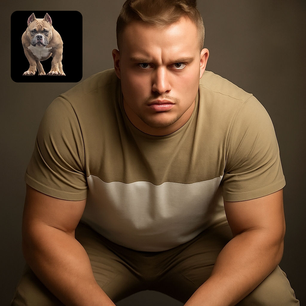 A muscular bulldog stands proudly in the center, its serious expression and strong stance highlighted by soft, artistic lighting and a smooth gradient background, giving it the aura of a canine superhero ready to save the day.