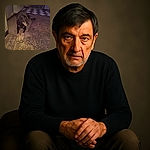 A black and tan dog is lounging on a brown cushion on a patterned carpet in a dimly lit room, with a checkered floor and a gate visible in the background. The dog's paws are stretched out in front, and it appears relaxed but alert.