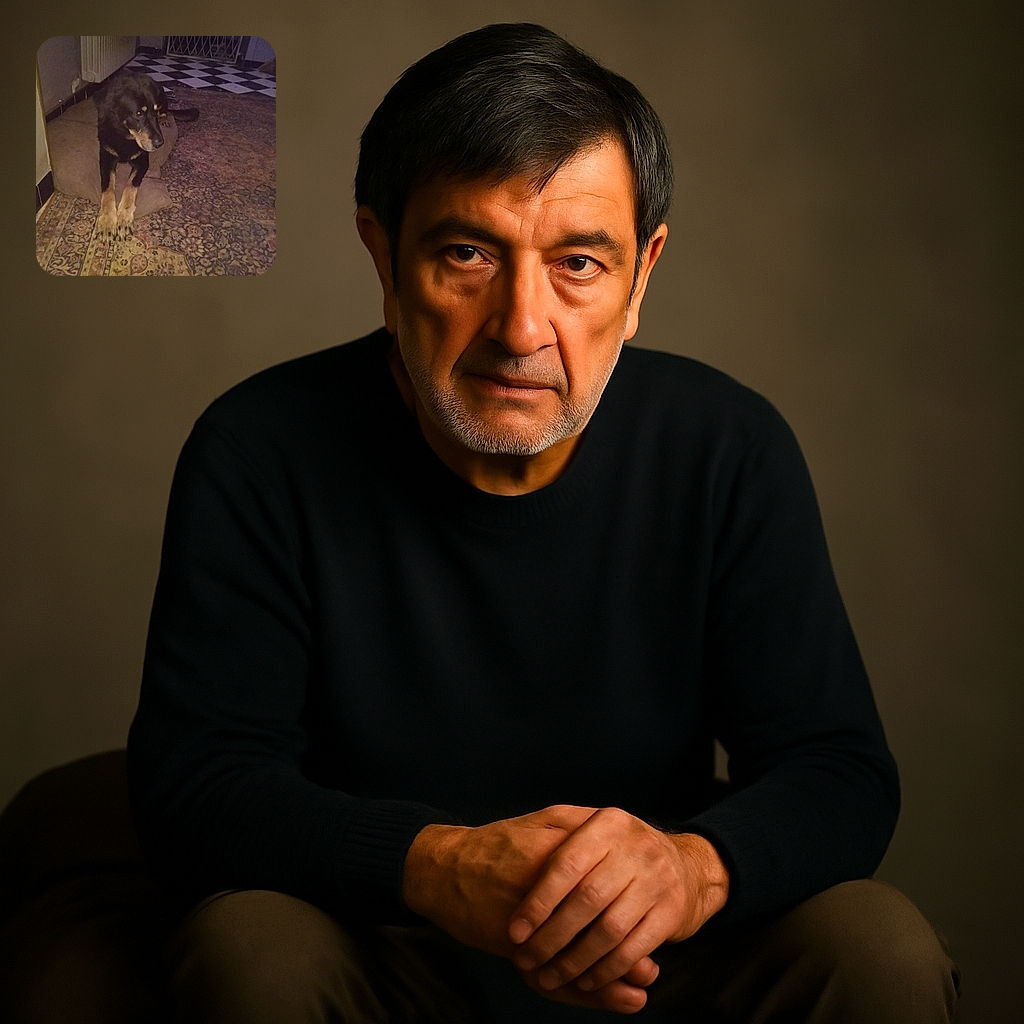 A black and tan dog is lounging on a brown cushion on a patterned carpet in a dimly lit room, with a checkered floor and a gate visible in the background. The dog's paws are stretched out in front, and it appears relaxed but alert.