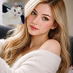 A fluffy white cat with a curious expression lounges comfortably, its golden eyes catching the light. The background is a cozy indoor setting with scattered colorful toys and a soft rug, giving a relaxed and homely vibe.