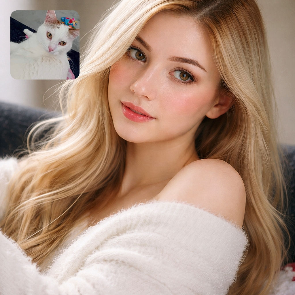 A fluffy white cat with a curious expression lounges comfortably, its golden eyes catching the light. The background is a cozy indoor setting with scattered colorful toys and a soft rug, giving a relaxed and homely vibe.