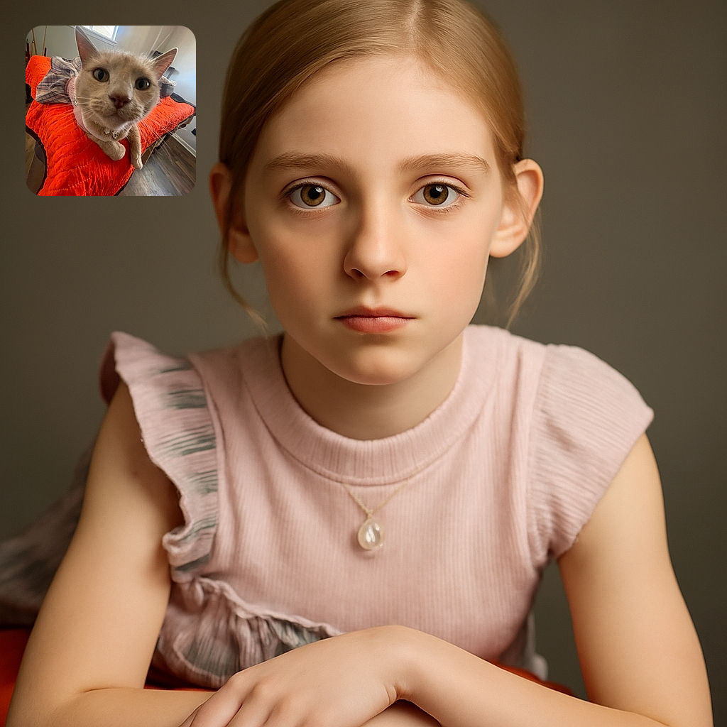 A curious cat in a cute dress is caught up close with a wide-angle lens, making its face look adorably big and inquisitive as it lounges on a bright orange blanket in a cozy room.