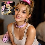 A charming small dog wearing a playful pink party hat with a pom-pom on top, sitting on a chair. The dog's big, shiny eyes and curious expression steal the spotlight, while the background is softly blurred, hinting at a cozy indoor setting with people around.