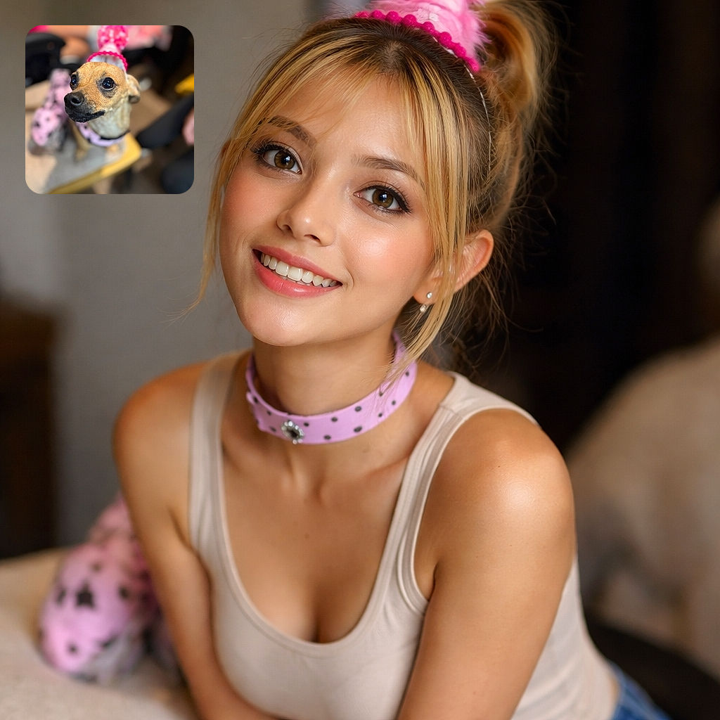 A charming small dog wearing a playful pink party hat with a pom-pom on top, sitting on a chair. The dog's big, shiny eyes and curious expression steal the spotlight, while the background is softly blurred, hinting at a cozy indoor setting with people around.