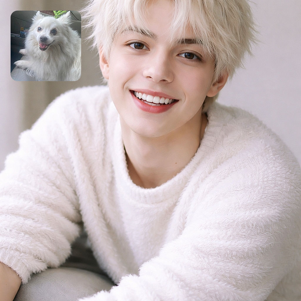 A fluffy white dog with a bright green bow on its head smiles happily while lounging on a car seat, looking like the happiest co-pilot ever ready for an adventure.