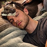A close-up photo of a relaxed dog sleeping soundly on a soft blanket, with its mouth slightly open and ears flopped back, creating a cozy and peaceful vibe in a warm indoor setting.