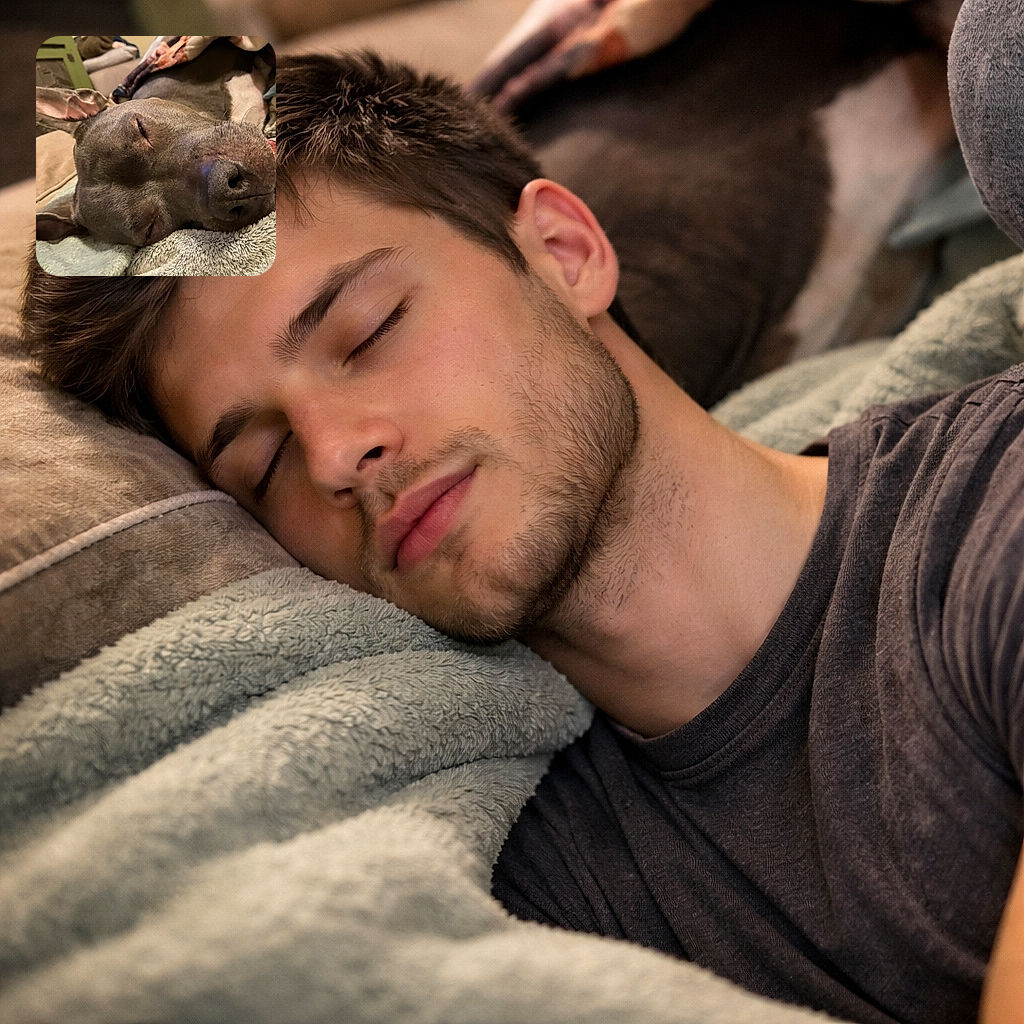 A close-up photo of a relaxed dog sleeping soundly on a soft blanket, with its mouth slightly open and ears flopped back, creating a cozy and peaceful vibe in a warm indoor setting.