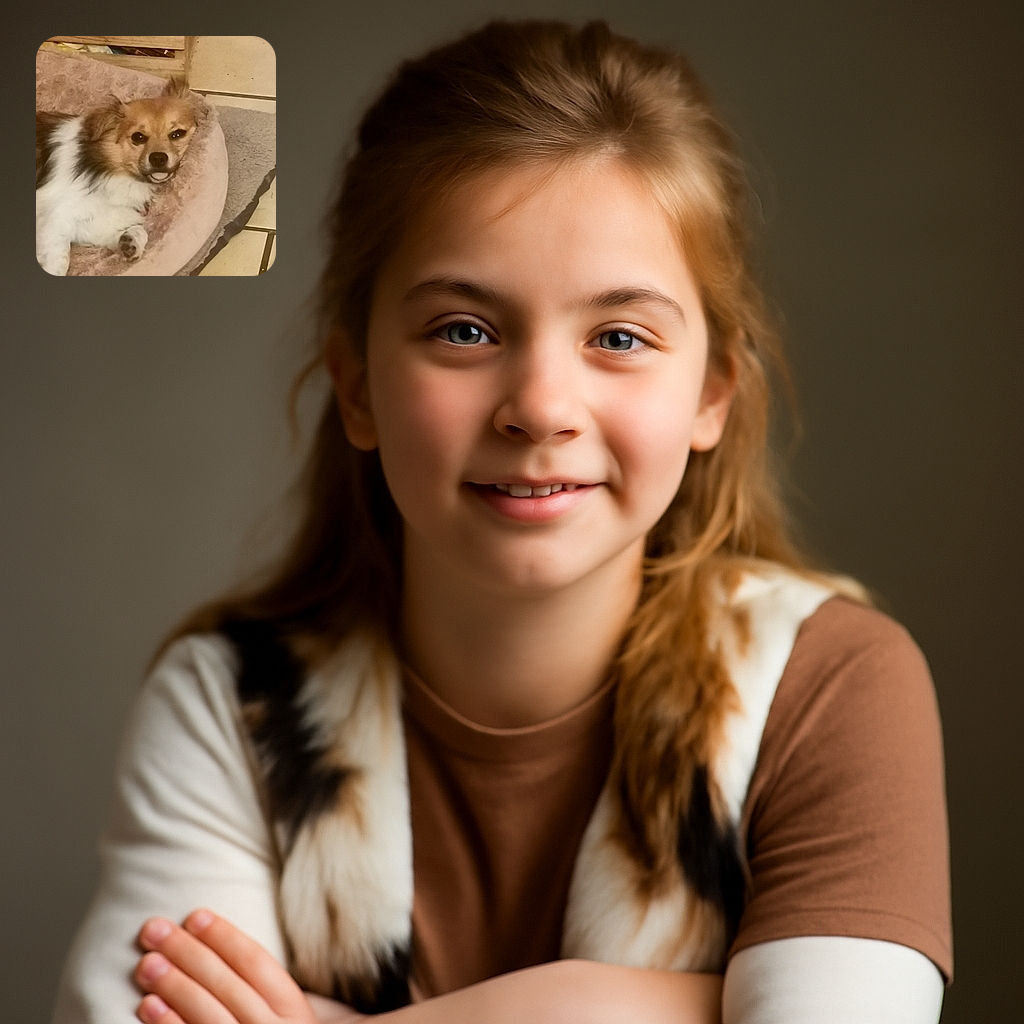 A small fluffy dog lounges comfortably in a soft, round pet bed with a slightly amused expression, tongue peeking out. The cozy setting includes a wooden crate and tiled floor, giving a warm, homey vibe.