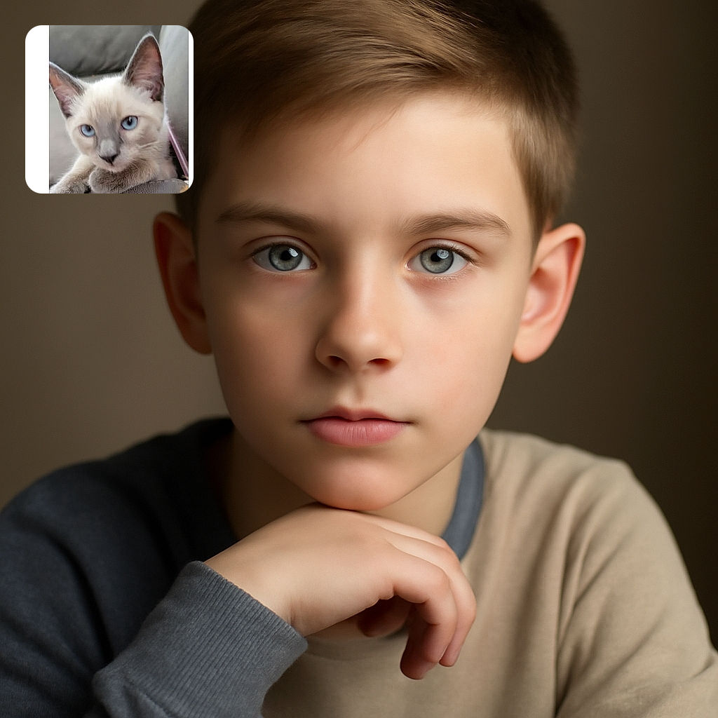 A close-up photo of a blue-eyed Siamese kitten lounging on a gray couch, looking curiously at the camera with soft lighting and a cozy background.