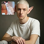 A sleek white cat with large ears sits attentively on a wooden floor indoors, next to a textured wall. The background shows a cabinet and a pink toy stroller, giving a cozy home vibe. There's a blue text overlay in the corner reading 'Sonic', adding a playful name tag to this feline friend.