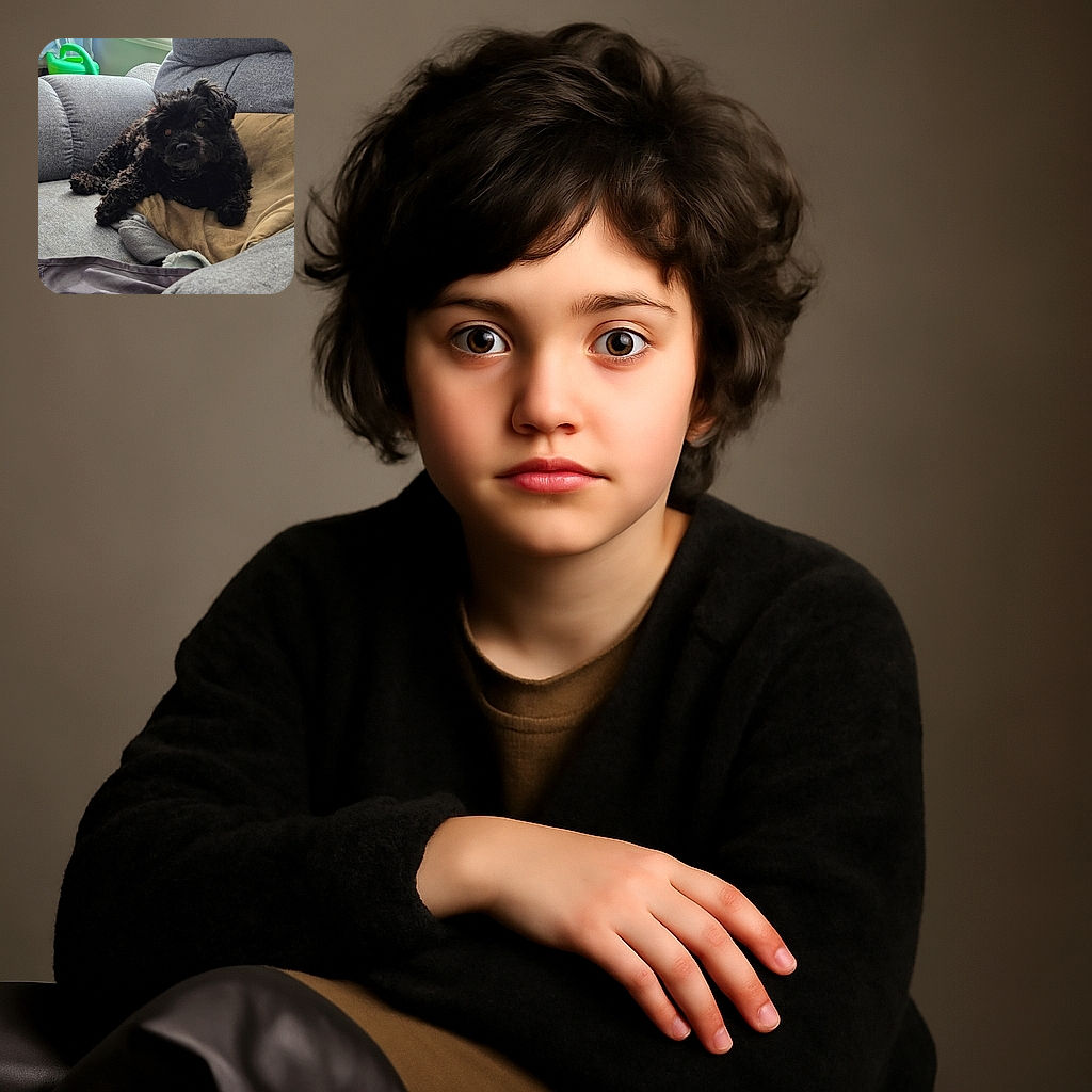 A fluffy black dog lounges comfortably on a cozy gray couch with a beige blanket, looking curiously at the camera. The background shows a window sill with various household items and a green watering can, adding a homely touch.