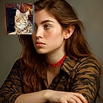 A majestic tabby cat with white paws lounges on a patterned cushion, gazing thoughtfully out of a window. The cozy wooden interior in the background adds warmth to this serene and detailed portrait.