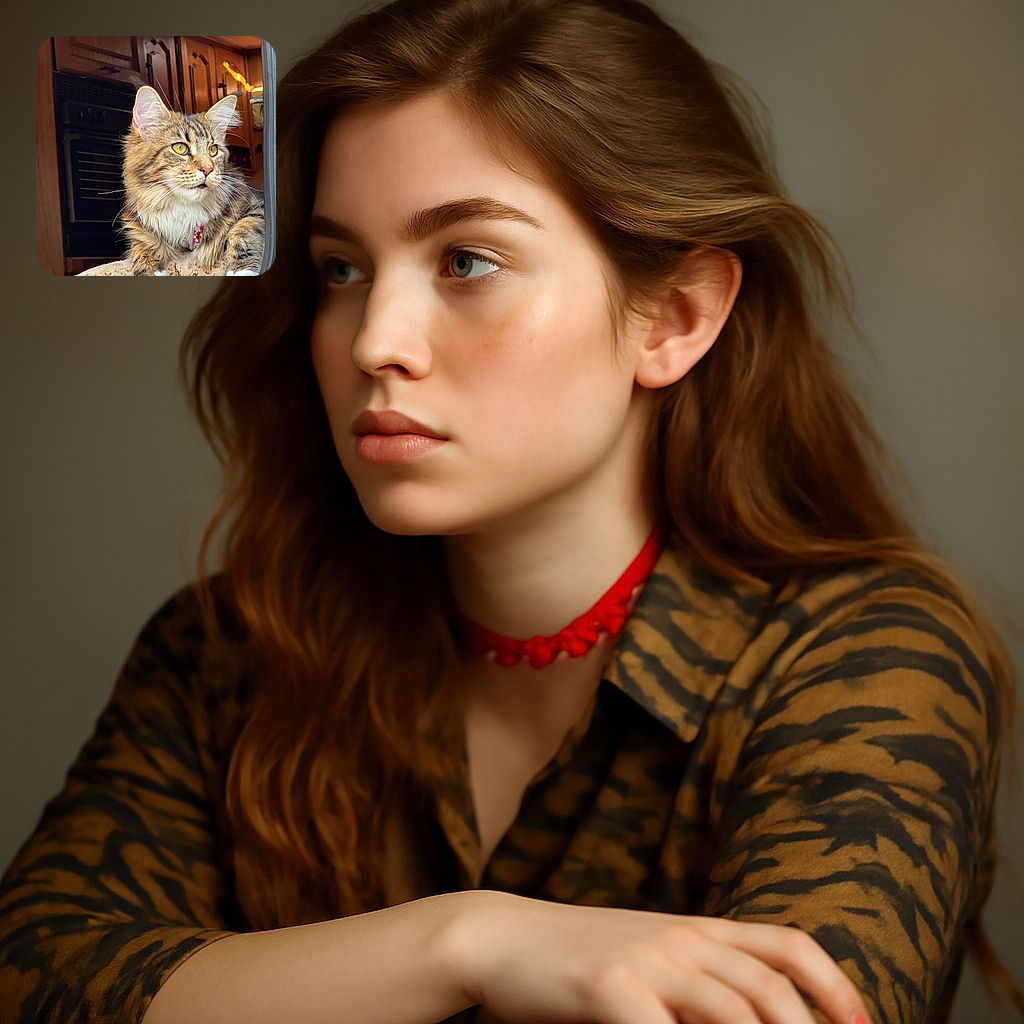 A majestic tabby cat with white paws lounges on a patterned cushion, gazing thoughtfully out of a window. The cozy wooden interior in the background adds warmth to this serene and detailed portrait.