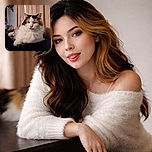 A fluffy calico cat lounges on a dark surface with its tongue adorably sticking out, surrounded by a cozy indoor setting featuring beige curtains and wooden furniture in the background.