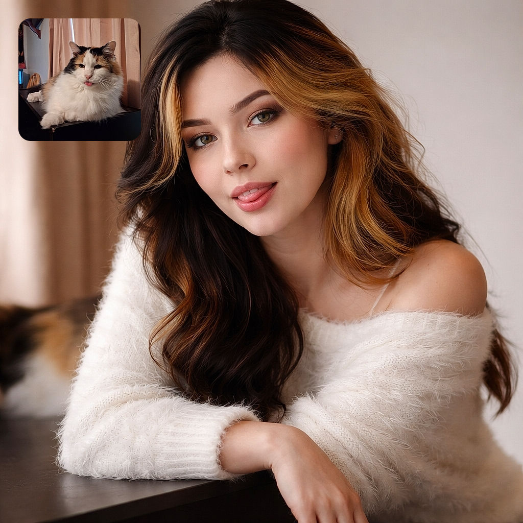 A fluffy calico cat lounges on a dark surface with its tongue adorably sticking out, surrounded by a cozy indoor setting featuring beige curtains and wooden furniture in the background.
