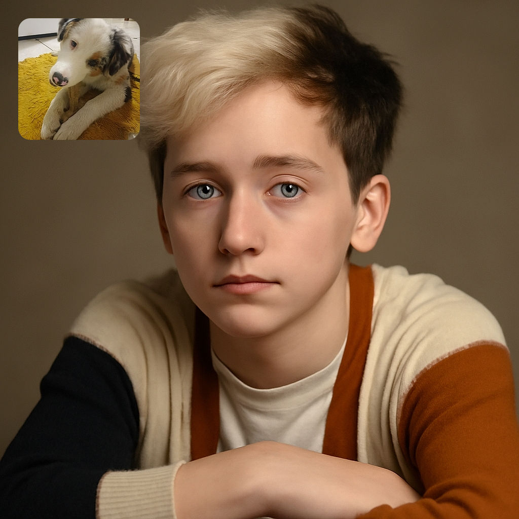 A fluffy puppy with a charming pink and black nose is curiously chewing on a bone while lying on a cozy yellow rug, giving off serious adorable vibes in a homey tiled kitchen setting.