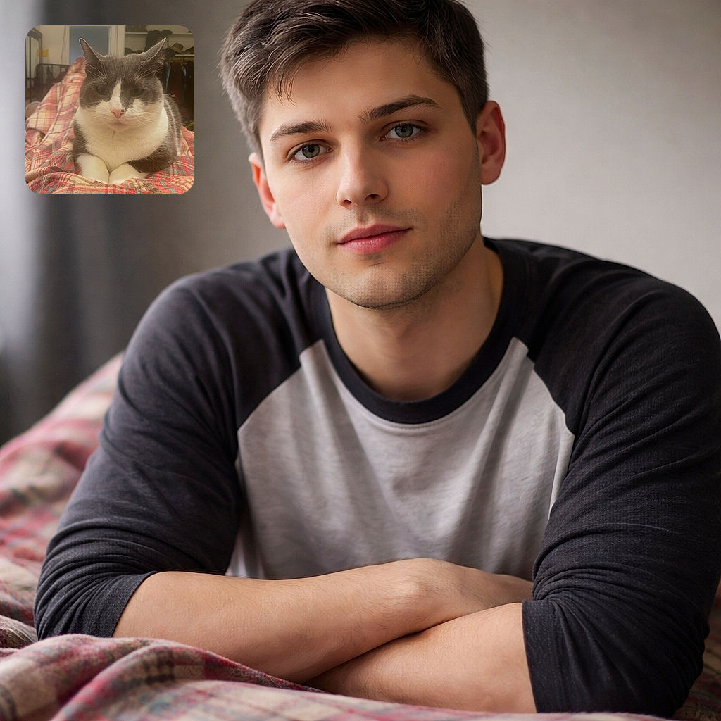 A chubby gray and white cat is comfortably lounging on a cozy plaid blanket, staring serenely at the camera with a slightly grumpy expression, surrounded by a softly lit bedroom setting.