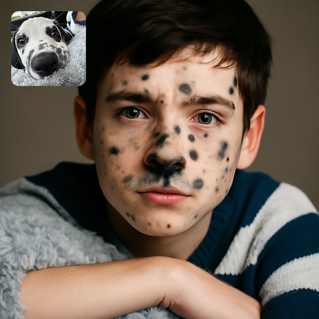 A close-up shot of an adorable Dalmatian puppy resting its nose on a fluffy blanket, with soulful eyes reflecting a cozy car interior and a person wearing a knitted sweater nearby.