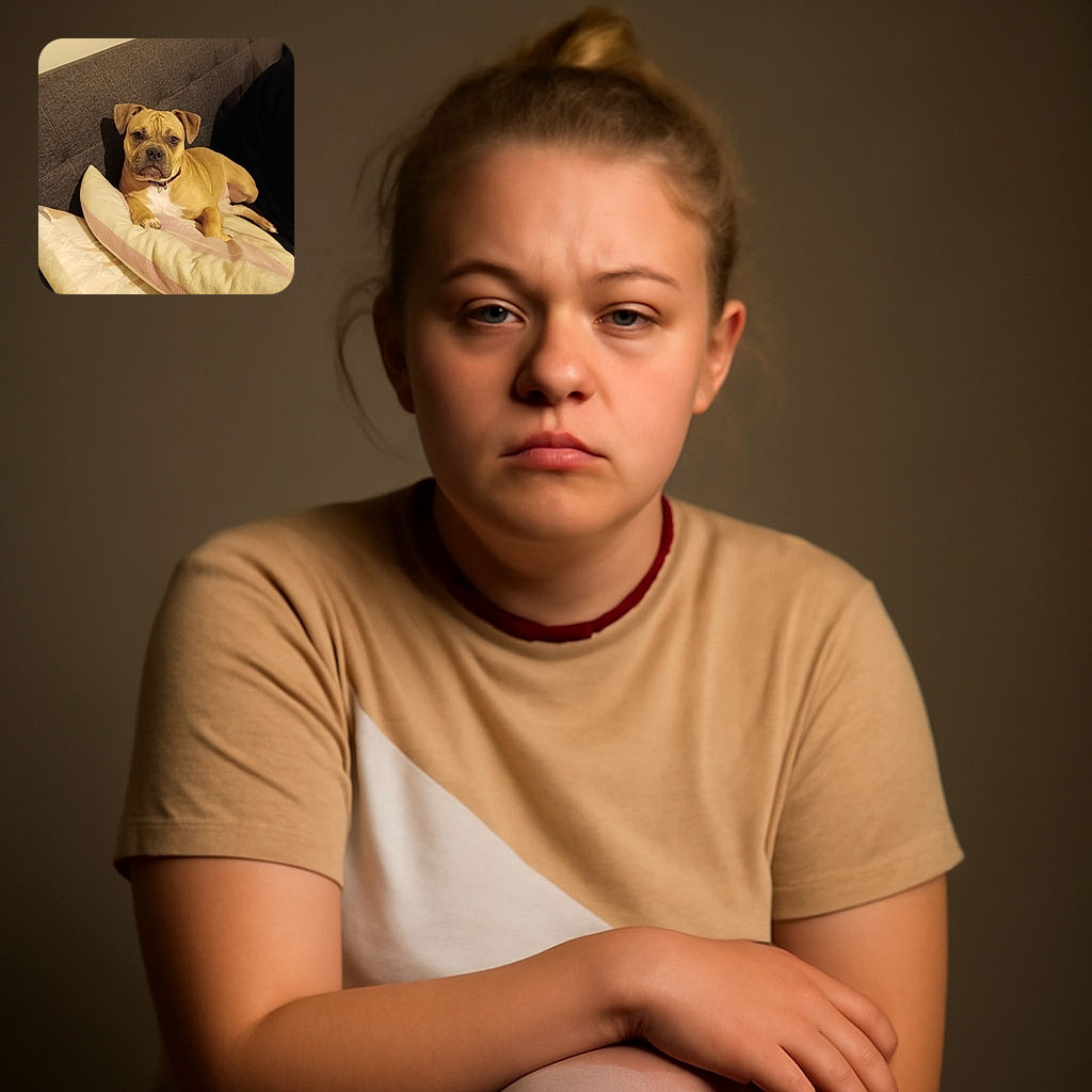 A tan dog with a white chest is comfortably lounging on a soft pillow on a gray couch, giving a calm and slightly serious look to the camera in a cozy indoor setting.