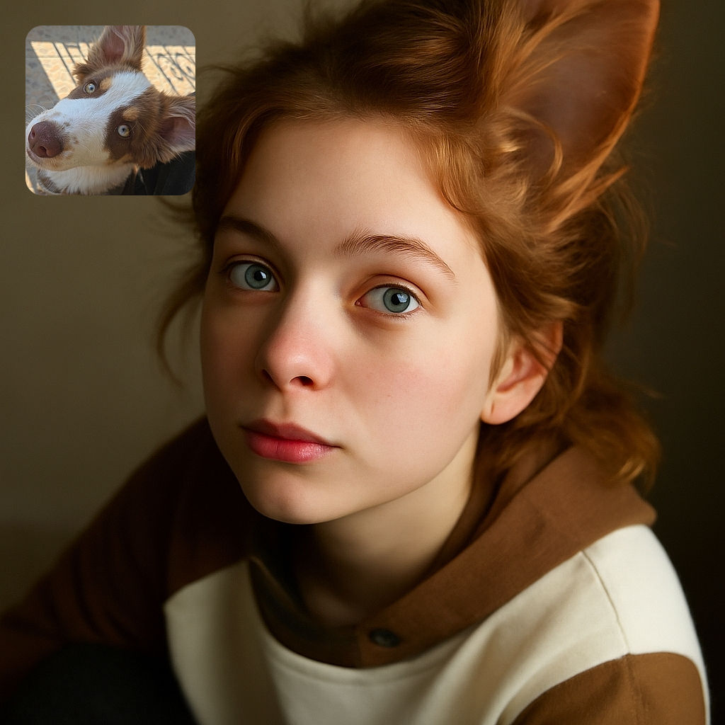 A close-up photo of a curious dog with striking blue eyes and large ears looking up at the camera, bathed in warm sunlight with patterned shadows on the tiled floor in the background.