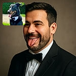 A dapper dog sporting a classy black bow tie collar, tongue playfully sticking out, posing outdoors with a lush green hedge and grass in the background, looking like the life of a fancy garden party.