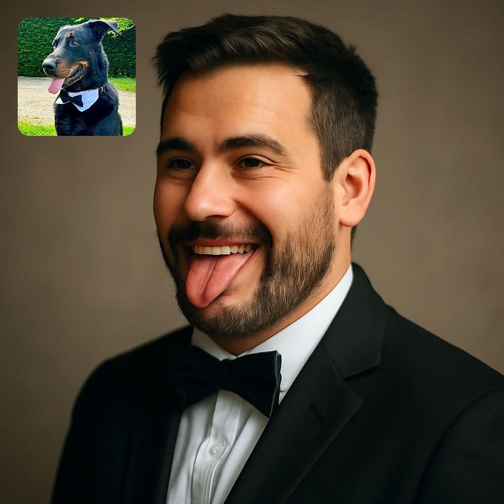 A dapper dog sporting a classy black bow tie collar, tongue playfully sticking out, posing outdoors with a lush green hedge and grass in the background, looking like the life of a fancy garden party.