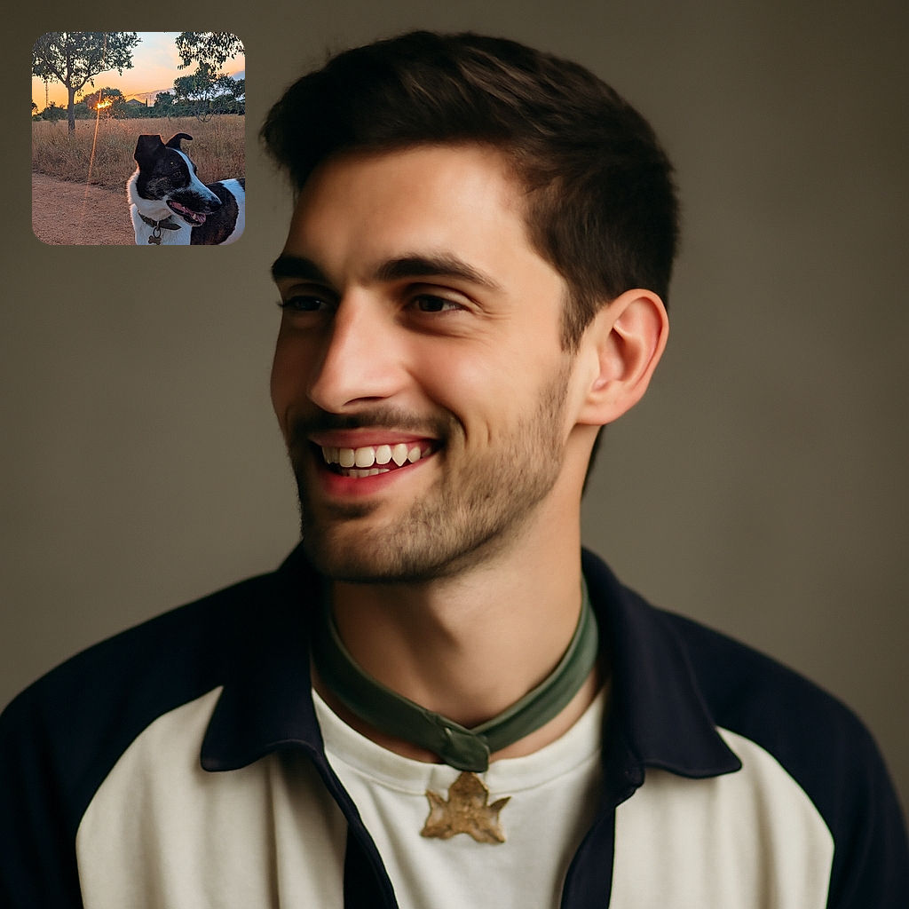 A happy dog with a bone-shaped tag on its collar stands on a dirt path in a field during sunset, looking off to the side with the warm glow of the setting sun peeking through the trees in the background.