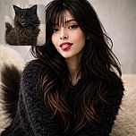 A fluffy black kitten with its eyes closed and tongue sticking out slightly, looking adorably goofy and content while sitting on a soft, light-colored surface with a blurred background.