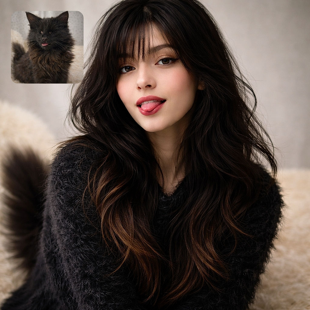 A fluffy black kitten with its eyes closed and tongue sticking out slightly, looking adorably goofy and content while sitting on a soft, light-colored surface with a blurred background.