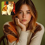 A seriously composed calico cat sits upright like the tiny executive in charge, staring directly into the camera while perched on furniture and surrounded by warm, colorful household clutter.