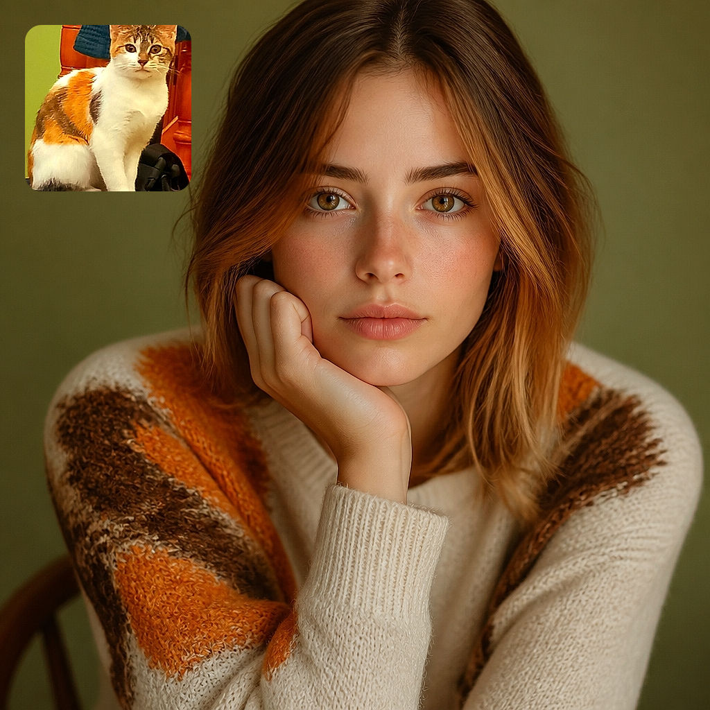A seriously composed calico cat sits upright like the tiny executive in charge, staring directly into the camera while perched on furniture and surrounded by warm, colorful household clutter.
