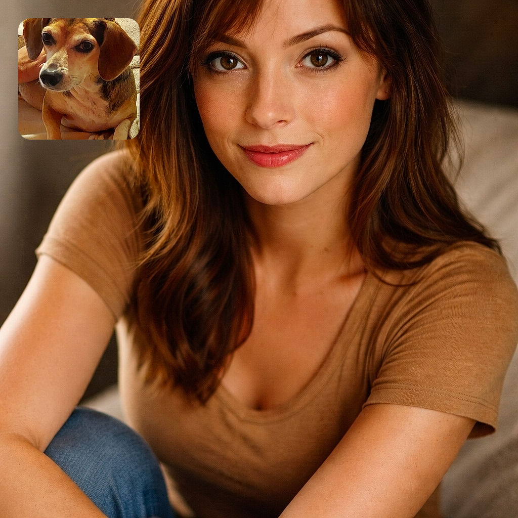 A cozy beagle-sized suspicion machine: big soulful eyes fixed on the camera as if negotiating treats, floppy ears framing a very expressive nose, all tucked into a blanket-and-couch nest with a tiny stuffed buddy behind the head.