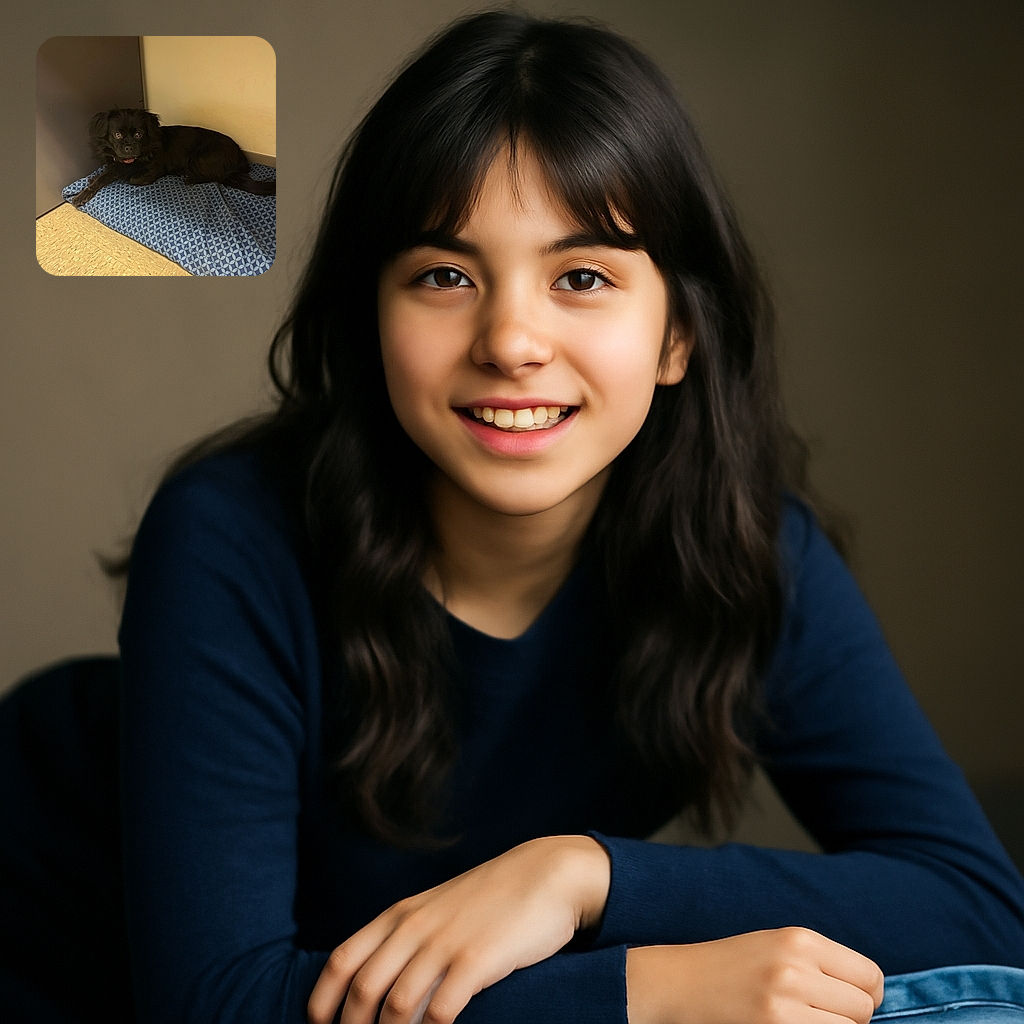 A fluffy black dog lounges comfortably on a blue patterned blanket in a cozy corner, eyes wide and curious as if plotting the next playful adventure.