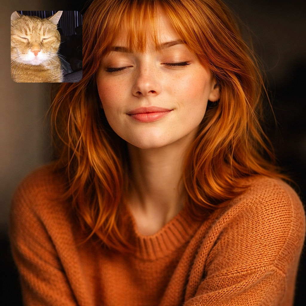 A sleepy ginger tabby up close, eyes squeezed shut as if mid-purr or deep in cat meditation; the camera flash makes the whiskers and pink nose pop while vertical blinds fade into darkness in the background.