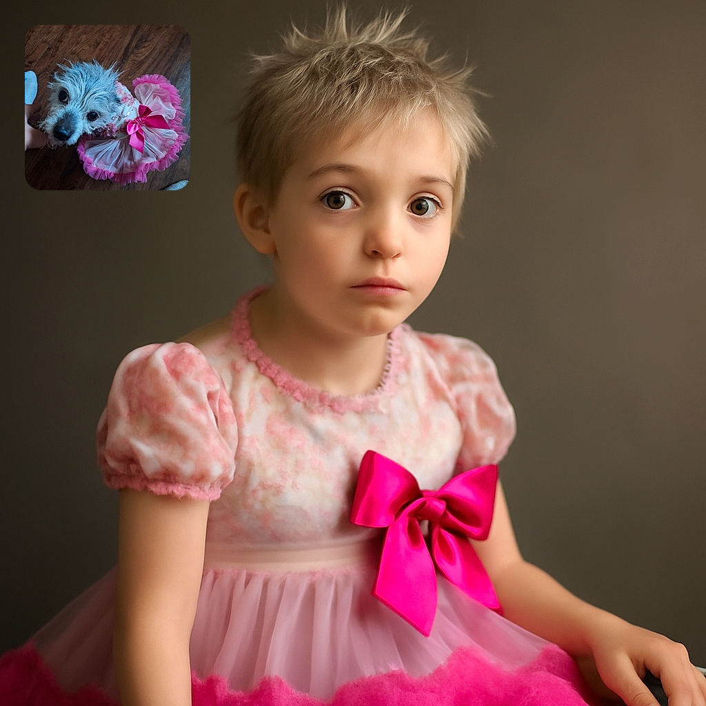 A scruffy little dog wearing a frilly pink dress with a big bow, looking up with curious eyes on a wooden floor. There's a hand gently holding the dog, and a foot with a sock visible at the edge, adding a cozy home vibe.