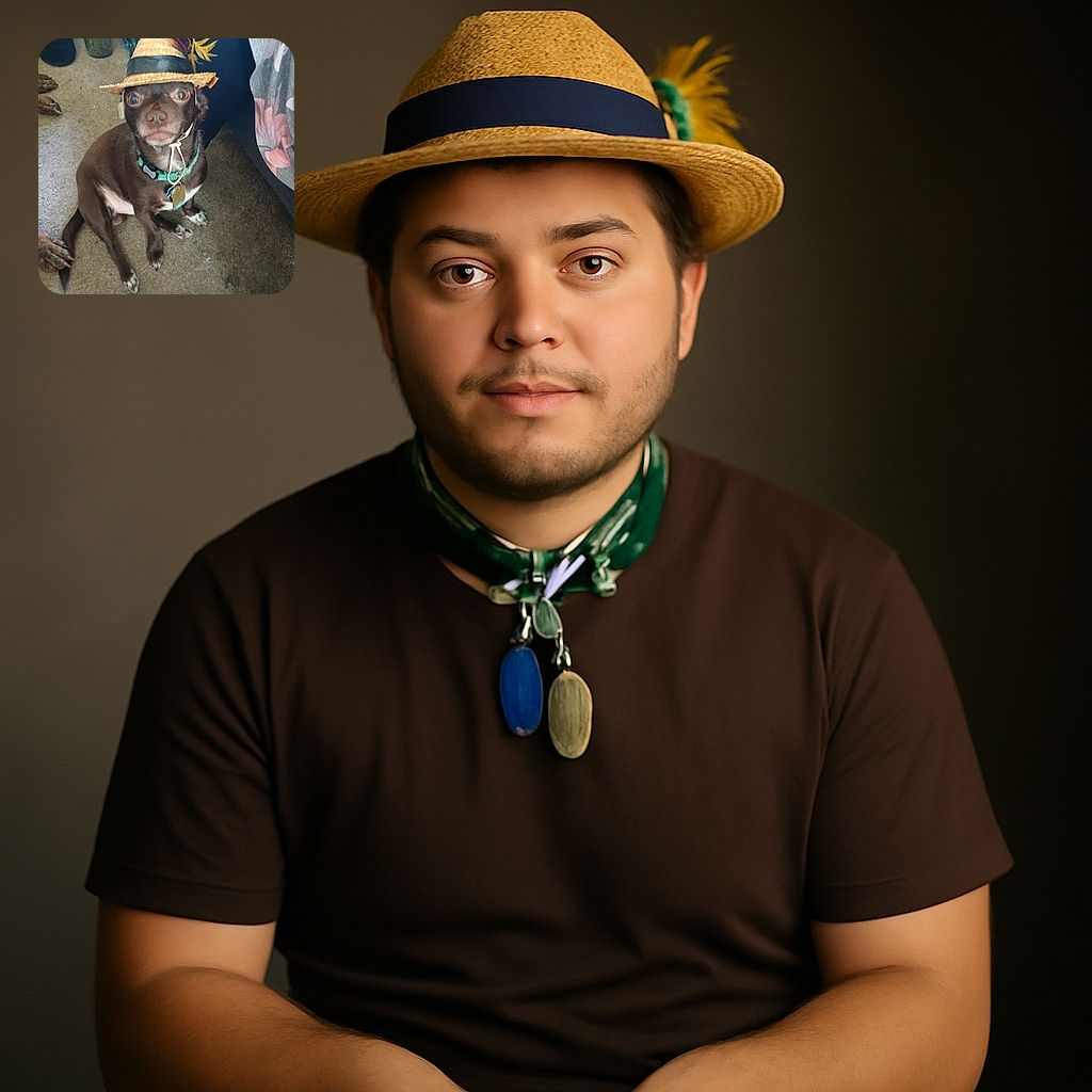 A small brown dog wearing a tiny straw hat with colorful feathers sits attentively on a carpeted floor, looking up with wide eyes as if ready for a country-themed party.