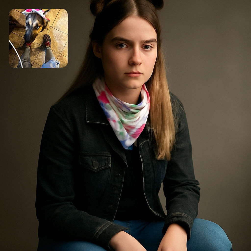 A slightly blurry photo taken from above shows a curious dog with heterochromia wearing a pink and white accessory, standing between a person's legs clad in ripped jeans and colorful patterned shoes on a tiled floor.