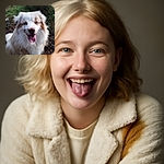 A fluffy, muddy white and brown dog with bright blue eyes is sitting happily outdoors on a dirt patch, tongue out and looking like it just had a fun adventure in the wild.