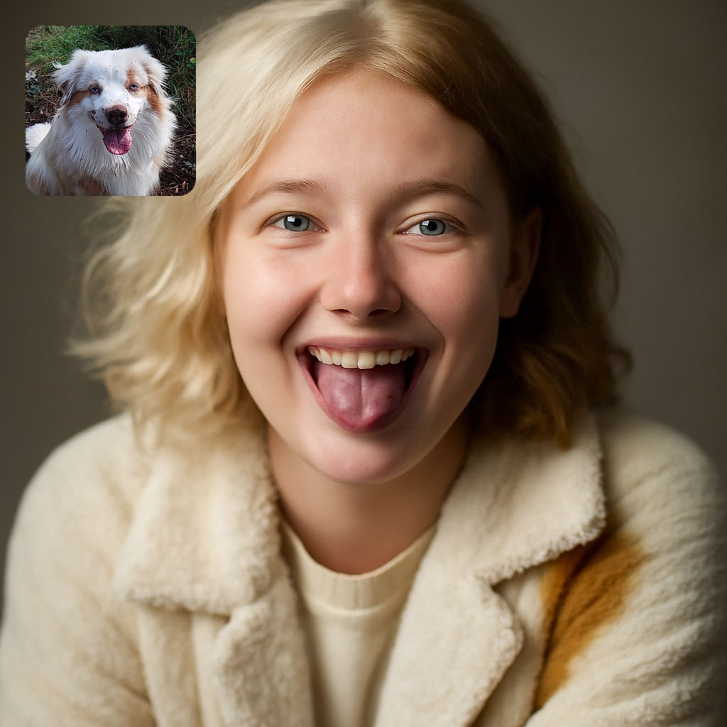 A fluffy, muddy white and brown dog with bright blue eyes is sitting happily outdoors on a dirt patch, tongue out and looking like it just had a fun adventure in the wild.
