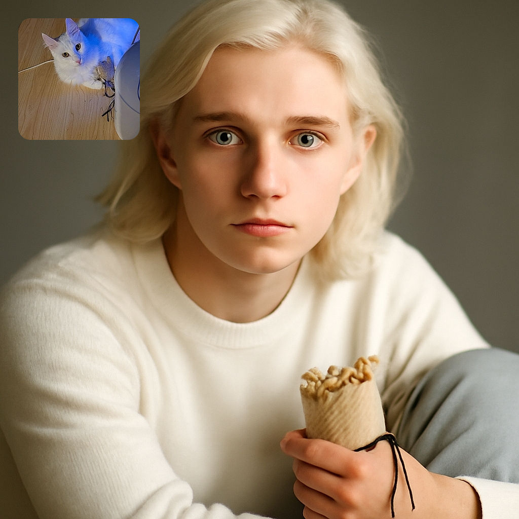 A fluffy white cat lounges on a wooden floor, bathed in a mix of warm and cool lighting, with a toy mouse tucked under its paw and a person's socked foot visible nearby, creating a cozy indoor scene.