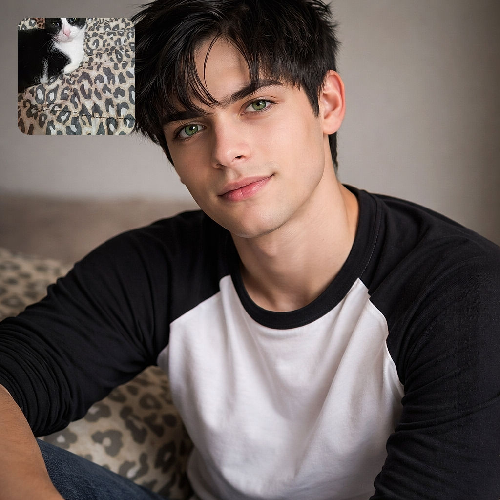 A sassy tuxedo cat lounges on a leopard-print blanket, giving the camera a chill, slightly judgmental stare — pink nose, green eyes, and whiskers on full display while the patterned bedding tries to compete for attention.