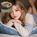 A cozy cat is lounging comfortably in a soft, fluffy pet bed with a blue exterior and cream-colored interior, resting on a quilted blanket. The cat looks relaxed and slightly curious, basking in the warmth of its snug little nest.