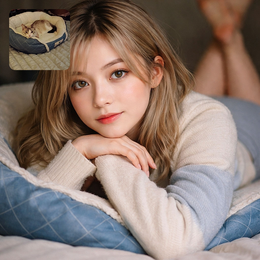 A cozy cat is lounging comfortably in a soft, fluffy pet bed with a blue exterior and cream-colored interior, resting on a quilted blanket. The cat looks relaxed and slightly curious, basking in the warmth of its snug little nest.