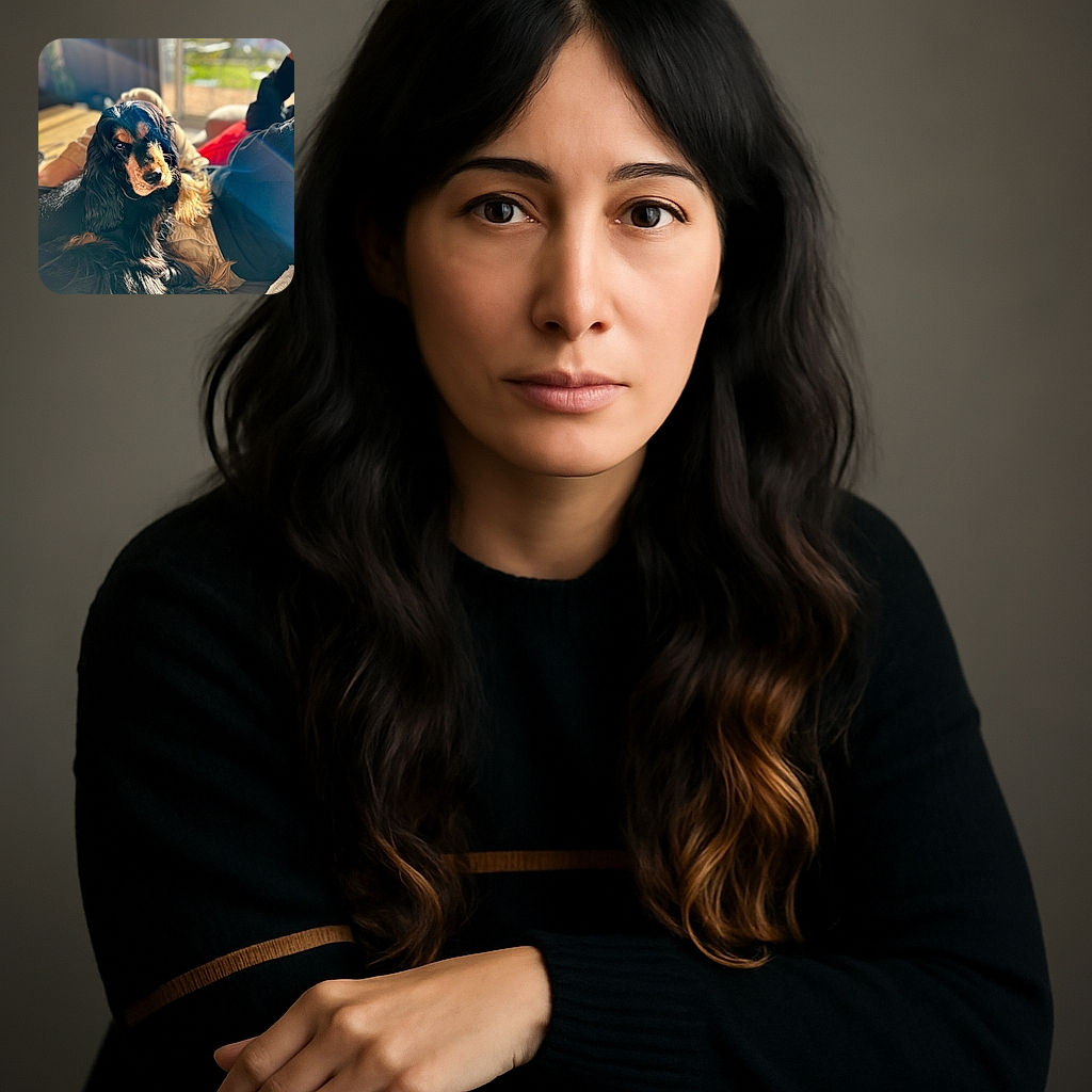 A fluffy black and tan dog lounges comfortably on a cozy couch next to a person, basking in warm sunlight streaming through a window. The dog's soulful eyes gaze towards the camera, framed by soft fur and a relaxed home setting with a blurred outdoor view in the background.