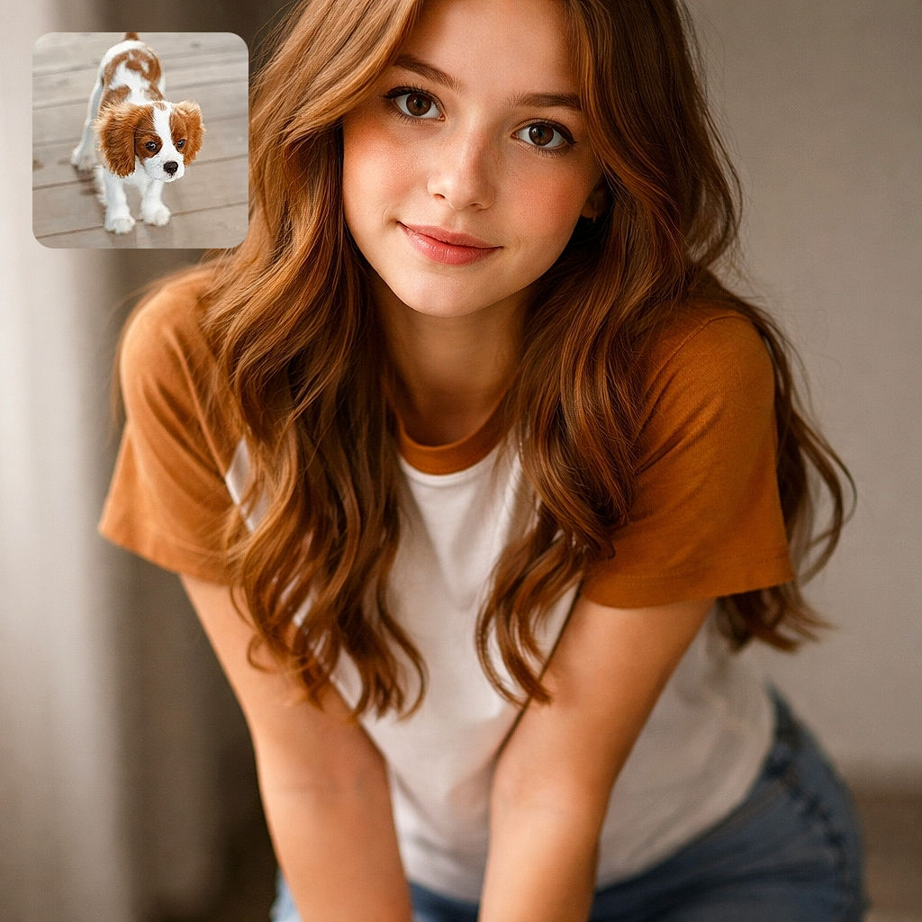 A fluffy brown and white puppy stands adorably on a wooden floor, looking up with curious eyes and floppy ears, ready to melt hearts everywhere.