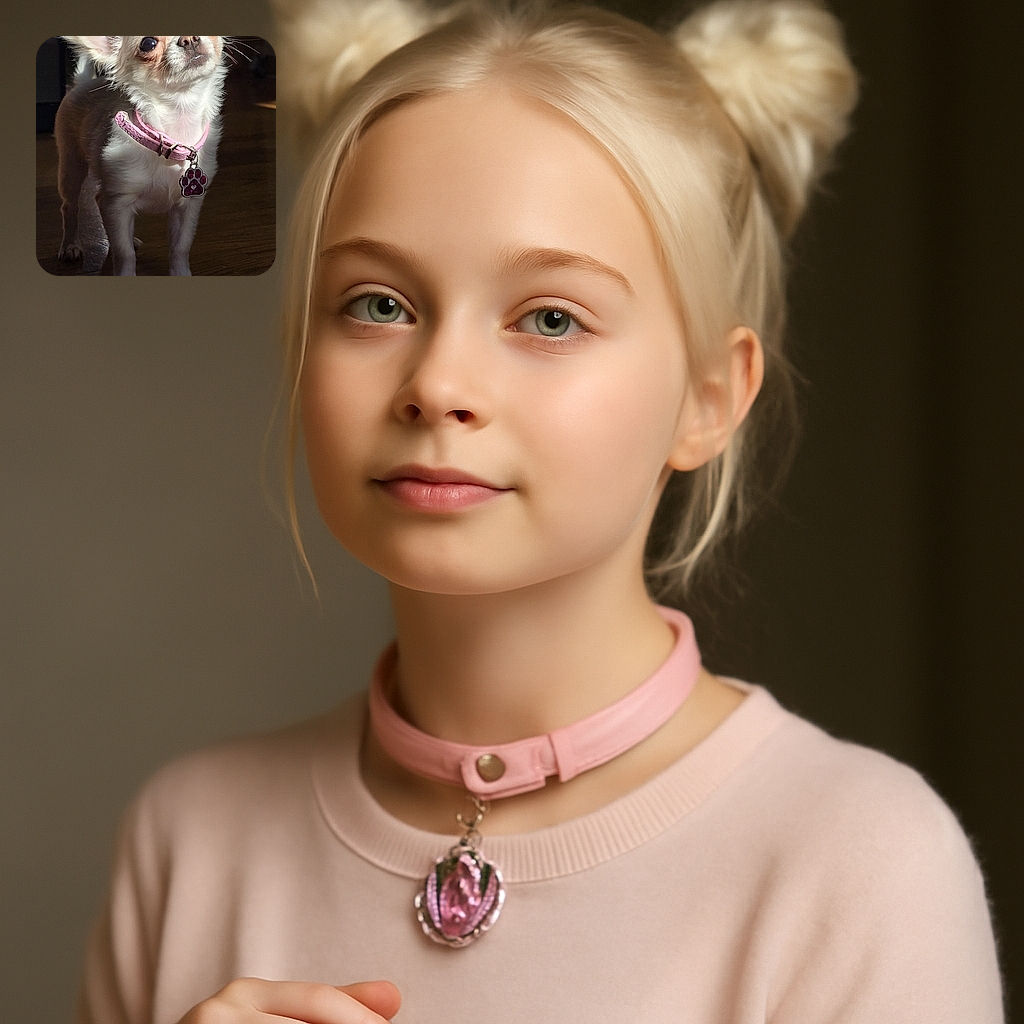 A tiny white Chihuahua with big ears and soulful eyes basks in a warm patch of sunlight on a wooden floor, wearing a slightly worn pink collar with a sparkling paw-shaped tag, looking as if it's pondering the mysteries of the universe or just waiting for a treat.